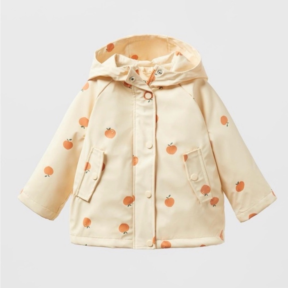 Zara Girls Lined Rubberized Rain Jacket with Peach Pattern Hood (4-5)